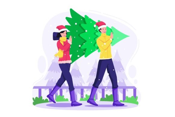 Download People Carry Christmas Tree Illustration - Premium Resources