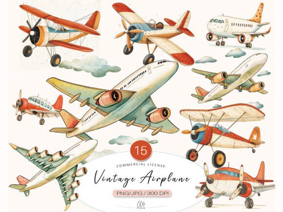 Download Vintage Airplane Clipart Set - Airplane clipart Collection